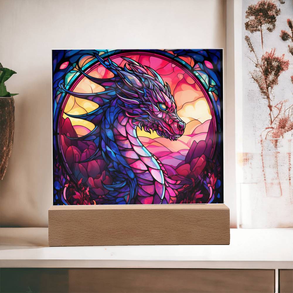 Colorful dnd Dragon Faux Stained Glass Acrylic Plaque Sqaure