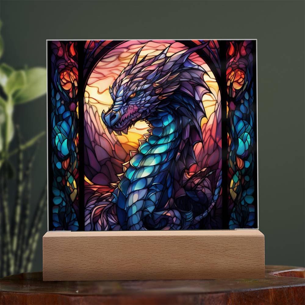 Colorful dnd Dragon Faux Stained Glass Acrylic Plaque Sqaure