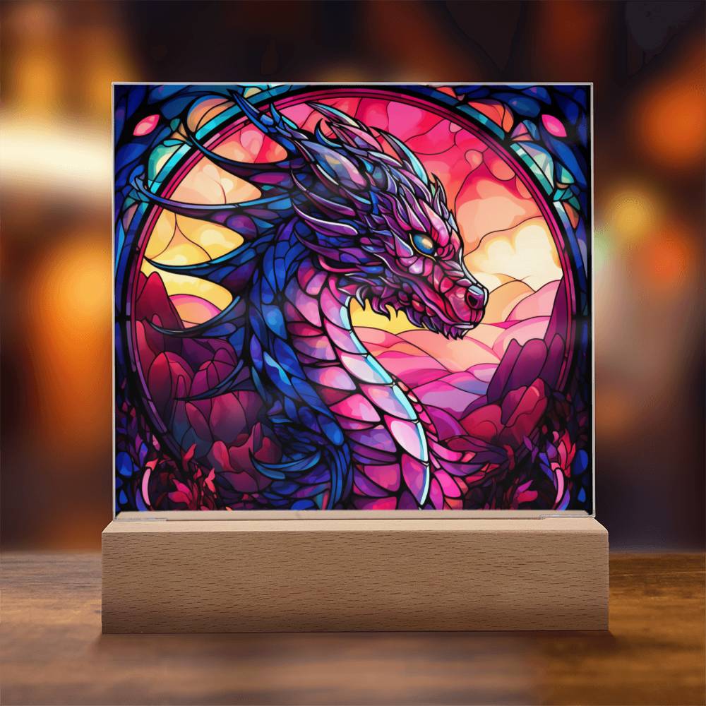 Colorful dnd Dragon Faux Stained Glass Acrylic Plaque Sqaure